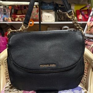 Michael Kors Black Pebbled Leather Shoulder Bag with Gold Chain Accents